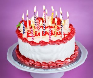 Birthday cake with lit candles